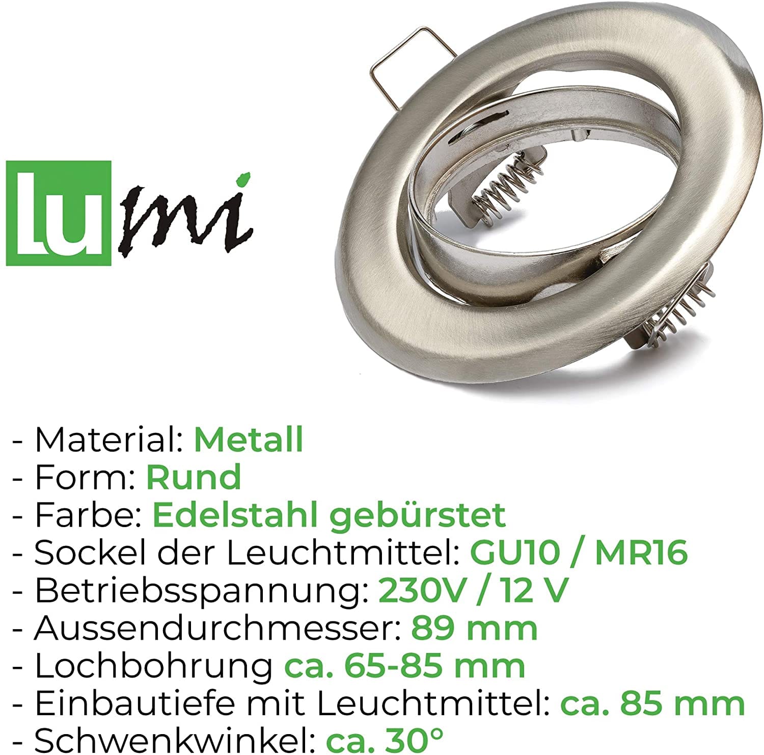100x Einbaurahmen - Edelstahl gebürstet Optik inkl. GU10 Fassung, schwenkbar – Bild 3